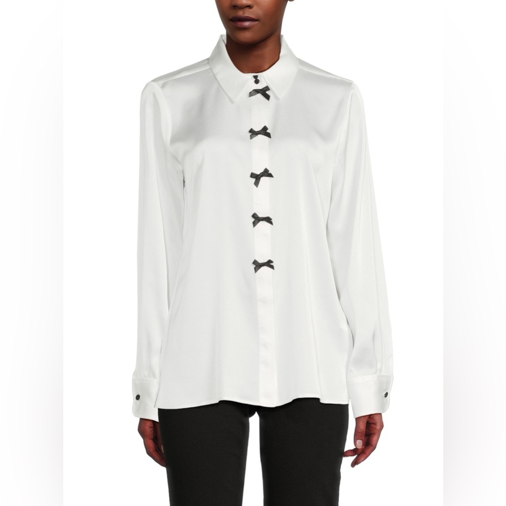 Cece Bows Front Women’s Satin Cream Button Up Shirt Size L NWT